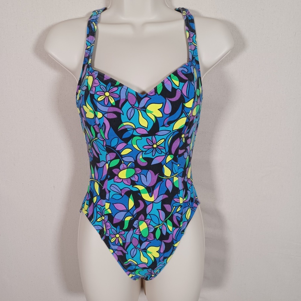Sassafras Vtg Swimwear Neon Contrast Floral One Piece Cross Back Bathing Suit‎